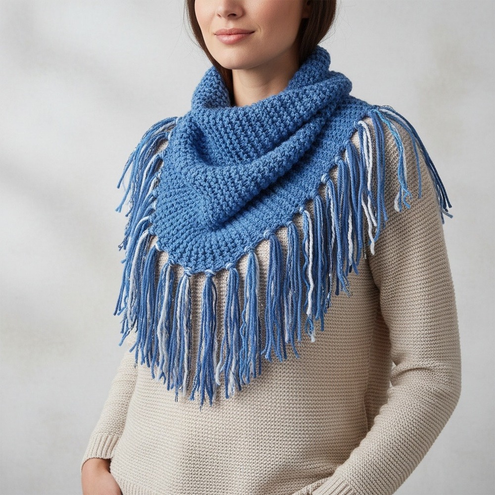 NEW Cowl Scarf Fringe Hand Knitted Blue Boho Cottage Artsy Coastal Fairy Indie